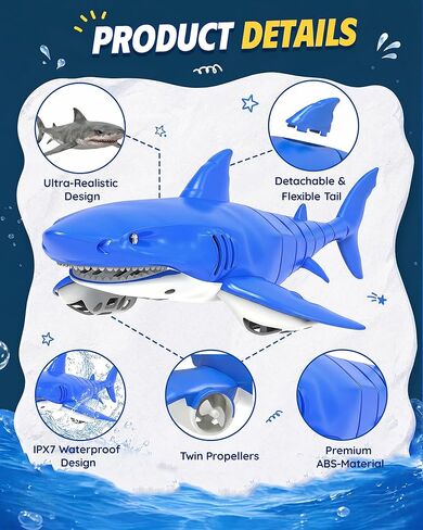 2.4G Remote Control Shark Toy with LED Eye Lights, Rechargeable Realistic RC Shark Boat, IPX7 Waterproof Battery Compartment Leak-Proof Design, for Kids 3-12, Ideal for Pool, Bath & Parties in Kuwait