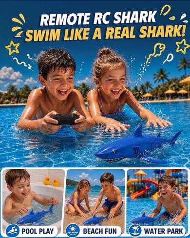 2.4G Remote Control Shark Toy with LED Eye Lights, Rechargeable Realistic RC Shark Boat, IPX7 Waterproof Battery Compartment Leak-Proof Design, for Kids 3-12, Ideal for Pool, Bath & Parties in Kuwait