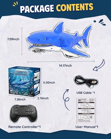2.4G Remote Control Shark Toy with LED Eye Lights, Rechargeable Realistic RC Shark Boat, IPX7 Waterproof Battery Compartment Leak-Proof Design, for Kids 3-12, Ideal for Pool, Bath & Parties in Kuwait