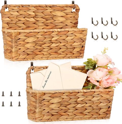 2 Pcs Woven Mail Holder Wall Mount Basket Rattan Wall Letter Holder Wicker Hanging Magazine Rack Water Hyacinth Magazine Basket 9.25x1.57 Inch Hanging Storage Basket with Hooks for Envelope Office in Kuwait