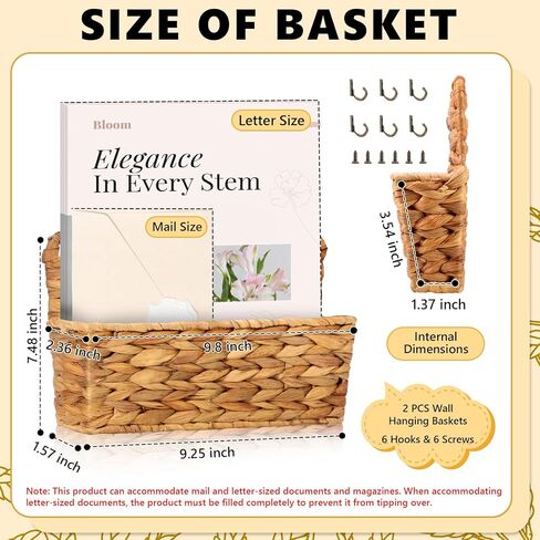 2 Pcs Woven Mail Holder Wall Mount Basket Rattan Wall Letter Holder Wicker Hanging Magazine Rack Water Hyacinth Magazine Basket 9.25x1.57 Inch Hanging Storage Basket with Hooks for Envelope Office in Kuwait