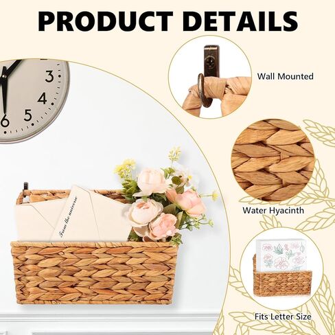 2 Pcs Woven Mail Holder Wall Mount Basket Rattan Wall Letter Holder Wicker Hanging Magazine Rack Water Hyacinth Magazine Basket 9.25x1.57 Inch Hanging Storage Basket with Hooks for Envelope Office in Kuwait
