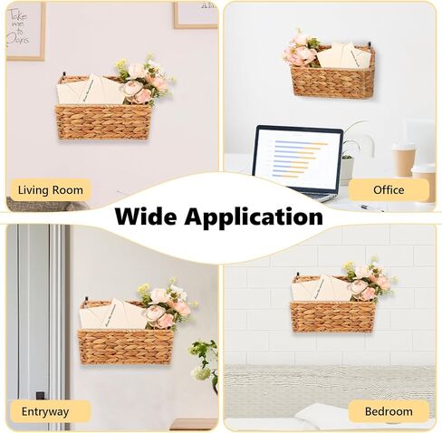 2 Pcs Woven Mail Holder Wall Mount Basket Rattan Wall Letter Holder Wicker Hanging Magazine Rack Water Hyacinth Magazine Basket 9.25x1.57 Inch Hanging Storage Basket with Hooks for Envelope Office in Kuwait