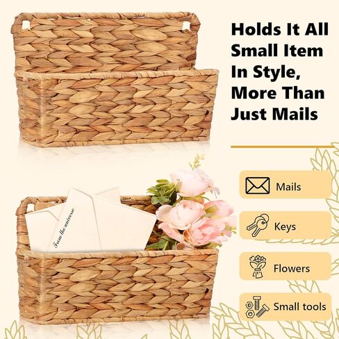 2 Pcs Woven Mail Holder Wall Mount Basket Rattan Wall Letter Holder Wicker Hanging Magazine Rack Water Hyacinth Magazine Basket 9.25x1.57 Inch Hanging Storage Basket with Hooks for Envelope Office in Kuwait