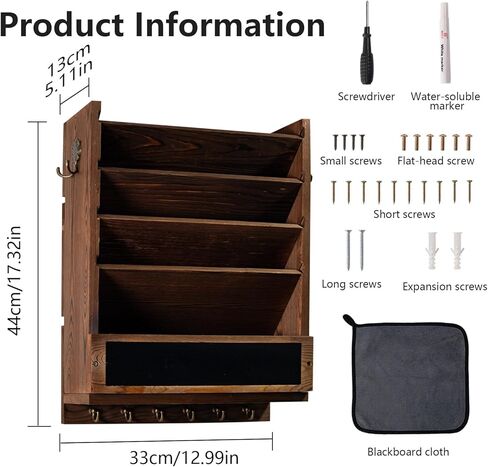 Rustic wall mail organizer,Key and Mail File Holder for Wall Mount，with 6 Key Hooks 2 Double Key Hooks A blackboard,for Home,Office, Classroom,Entryway Decor (brown) in Saudi Arabia