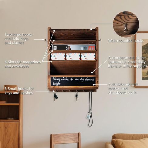 Rustic wall mail organizer,Key and Mail File Holder for Wall Mount，with 6 Key Hooks 2 Double Key Hooks A blackboard,for Home,Office, Classroom,Entryway Decor (brown) in Saudi Arabia