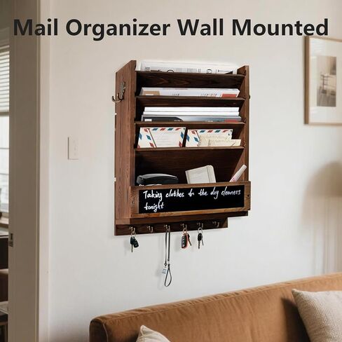 Rustic wall mail organizer,Key and Mail File Holder for Wall Mount，with 6 Key Hooks 2 Double Key Hooks A blackboard,for Home,Office, Classroom,Entryway Decor (brown) in Saudi Arabia