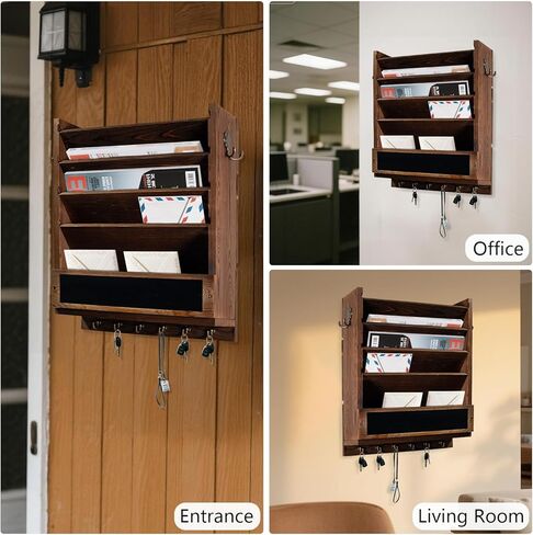 Rustic wall mail organizer,Key and Mail File Holder for Wall Mount，with 6 Key Hooks 2 Double Key Hooks A blackboard,for Home,Office, Classroom,Entryway Decor (brown) in Saudi Arabia