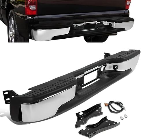 مصد خلفي متوافق مع 99-07 Chevy Silverado 1500 2500 متوافق مع GMC Sierra 1500 2500 1999-2007 غطاء مصد فولاذي Fleetside بدون فتحات مستشعر وقوف السيارات كروم GM1103122 12496085 in Kuwait