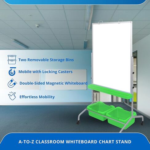 A-to-Z 289-MB3040WBIN Classroom Chart Stand with Magnetic Whiteboard, 2 Storage Bins, Adjustable Height, Double-Sided Dry Erase Board with Chart Hooks and Mobile Casters in Kuwait