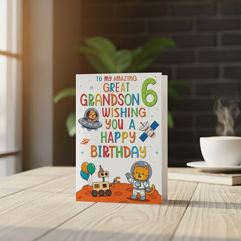 البطاقات بطاقة عيد الميلاد السادس للحفيد الأكبر – تصميم حيوانات الفضاء ورائد الفضاء – بطاقة تهنئة مميزة بحجم A5 في المملكة المتحدة in Kuwait