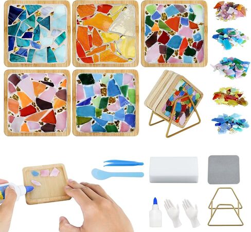 Karidge 5 Sets DIY Mosaic Kit, Mosaic Tiles for Crafts, Mixed Color Stained Glass with Wooden Coaster for Adults Women, Complete Mosaic Coaster Kit for Handmade Holiday Home Decoration Gifts in Kuwait