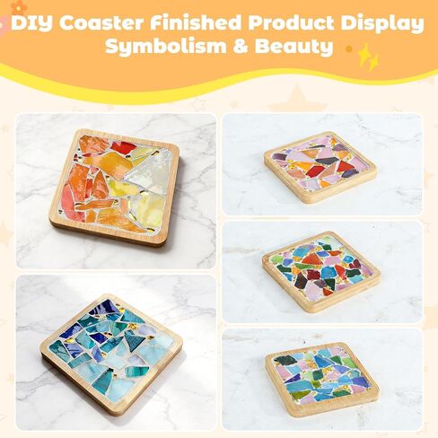 Karidge 5 Sets DIY Mosaic Kit, Mosaic Tiles for Crafts, Mixed Color Stained Glass with Wooden Coaster for Adults Women, Complete Mosaic Coaster Kit for Handmade Holiday Home Decoration Gifts in Kuwait