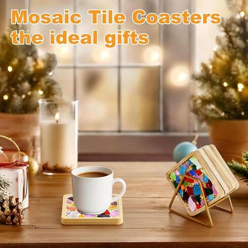 Karidge 5 Sets DIY Mosaic Kit, Mosaic Tiles for Crafts, Mixed Color Stained Glass with Wooden Coaster for Adults Women, Complete Mosaic Coaster Kit for Handmade Holiday Home Decoration Gifts in Kuwait