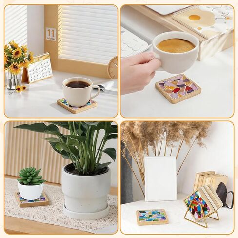 Karidge 5 Sets DIY Mosaic Kit, Mosaic Tiles for Crafts, Mixed Color Stained Glass with Wooden Coaster for Adults Women, Complete Mosaic Coaster Kit for Handmade Holiday Home Decoration Gifts in Kuwait