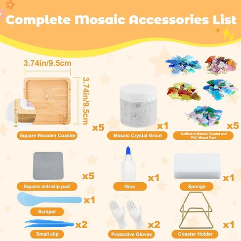 Karidge 5 Sets DIY Mosaic Kit, Mosaic Tiles for Crafts, Mixed Color Stained Glass with Wooden Coaster for Adults Women, Complete Mosaic Coaster Kit for Handmade Holiday Home Decoration Gifts in Kuwait