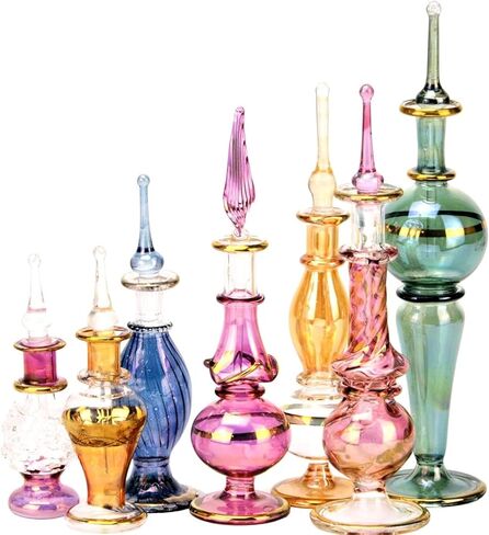 نايل كارت مجموعة زجاجات عطر مصرية بالجملة مكونة من 12 قطعة من زجاج بايركس مزخرف يدويا 2-5 انش مع زخرفة مصرية ذهبية مصنوعة يدويا للعطور والزيوت العطرية in Saudi Arabia