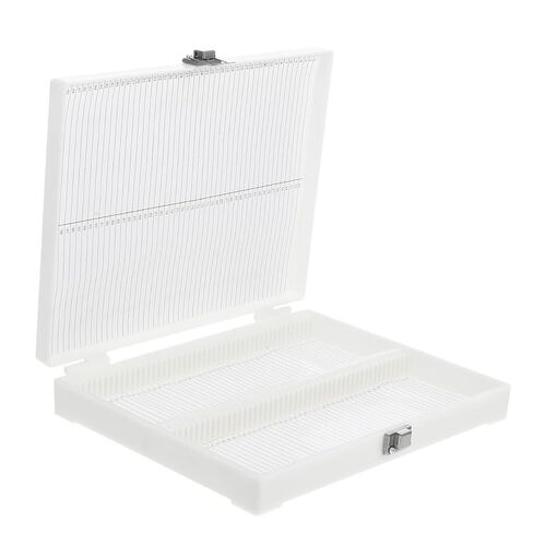 Luxshiny 100-Slot Microscope Slide Storage Box with Lock Buckle High Capacity Plastic Specimen Organizer for Laboratory Slide Holder Portable, White in Kuwait