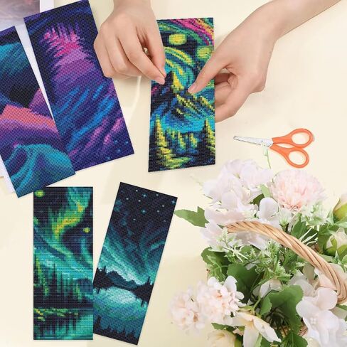 createjoy 5 قطع ليلة النجوم عبر غرزة المرجعية عدة للمبتدئين، مختومة عبر غرزة مجموعات للبالغين، DIY التطريز المرجعية مجموعات crossstitch عدة الكبار مع تعليمات الحرف اليدوية 3''x8'' 14ct in Kuwait