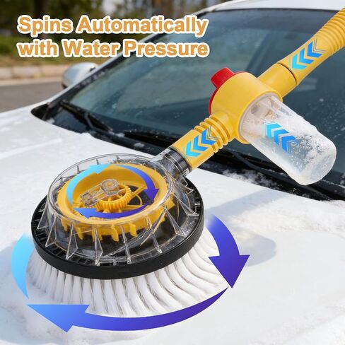 Rotating Car Wash Brush with Hose Attachment, Car Wash Brush with Long Handle & Soap Dispenser, Water-Powered 360° Spin Wash Brush Kit with Spray Gun & 5-Pattern Nozzle for Cars, RVs, Trucks in Kuwait