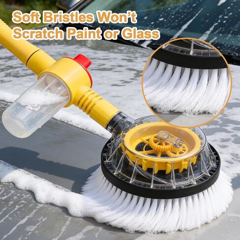 Rotating Car Wash Brush with Hose Attachment, Car Wash Brush with Long Handle & Soap Dispenser, Water-Powered 360° Spin Wash Brush Kit with Spray Gun & 5-Pattern Nozzle for Cars, RVs, Trucks in Kuwait