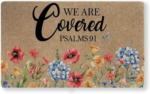 We are Covered Door Mat 30x17 Inch, Psalms 91 Faux Coir Doormat, Non-Slip Indoor Outdoor Entryway Rug, Floral Christian Porch Mat for Home Patio Gift in Kuwait