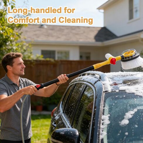 Rotating Car Wash Brush with Hose Attachment, Car Wash Brush with Long Handle & Soap Dispenser, Water-Powered 360° Spin Wash Brush Kit with Spray Gun & 5-Pattern Nozzle for Cars, RVs, Trucks in Kuwait