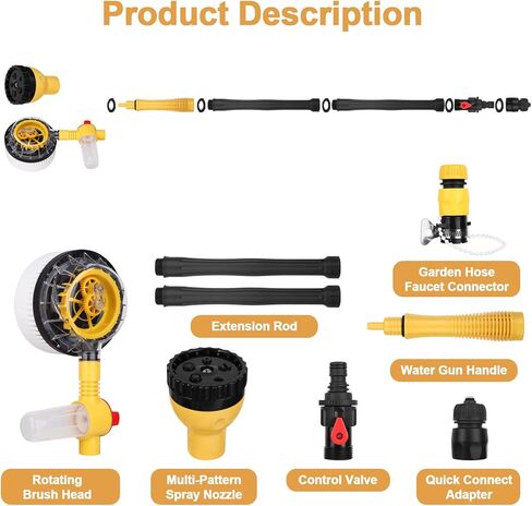 Rotating Car Wash Brush with Hose Attachment, Car Wash Brush with Long Handle & Soap Dispenser, Water-Powered 360° Spin Wash Brush Kit with Spray Gun & 5-Pattern Nozzle for Cars, RVs, Trucks in Kuwait