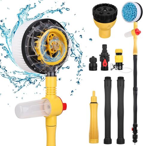 Rotating Car Wash Brush with Hose Attachment, Car Wash Brush with Long Handle & Soap Dispenser, Water-Powered 360° Spin Wash Brush Kit with Spray Gun & 5-Pattern Nozzle for Cars, RVs, Trucks in Kuwait