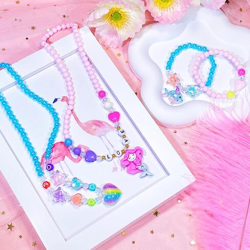 SIELEVIN Little Girl Jewelry for Kids Toddler Necklace Bracelet Set with Unicorn Mermaid Pendant Toddler Dress up Jewelry Princess Gifts for 3 4 5 6 7 8 Years Old in Kuwait