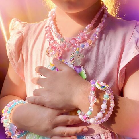 SIELEVIN Little Girl Jewelry for Kids Toddler Necklace Bracelet Set with Unicorn Mermaid Pendant Toddler Dress up Jewelry Princess Gifts for 3 4 5 6 7 8 Years Old in Kuwait