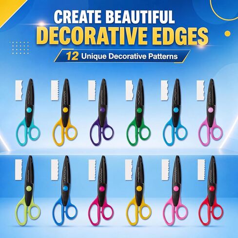 12 Pack Craft Scissors Decorative Edge, 6.5" Pattern Scissors for Kids & Adults, Colorful Decorative Scissors Set with Zig Zag, Wavy, Scallop Edges for Scrapbooking, Paper Crafts, Card Making in Kuwait