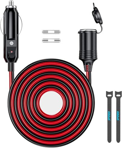 13FT 12V/24V كابل تمديد ولاعة السجائر شديد التحمل 16AWG، 156W/15A ذكر التوصيل إلى أنثى سلك محول المقبس مع 2 * 15A الصمامات وأضواء LED للنفخ، مضخة الإطارات، ضاغط الهواء in Kuwait