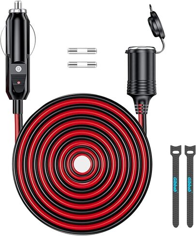 13FT 12V/24V كابل تمديد ولاعة السجائر شديد التحمل 16AWG، 156W/15A ذكر التوصيل إلى أنثى سلك محول المقبس مع 2 * 15A الصمامات وأضواء LED للنفخ، مضخة الإطارات، ضاغط الهواء in Kuwait
