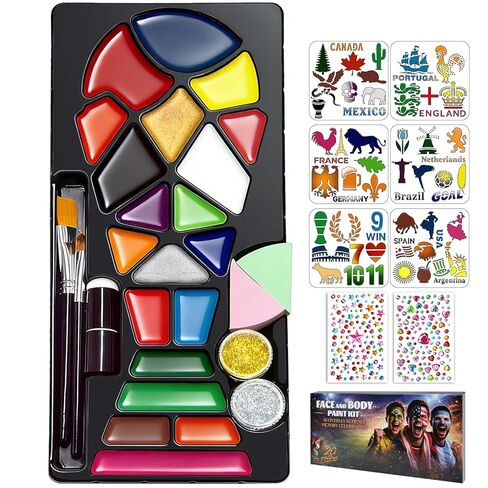 Face Paint Kit – 20 Colors Non-Toxic Water Activated Face Paint Palette with Stencils & Gems, Facepaint Set for Soccer Fans, Game Day Makeup for Matches, Tournaments, Fan Parties & Sports Celebration in Kuwait