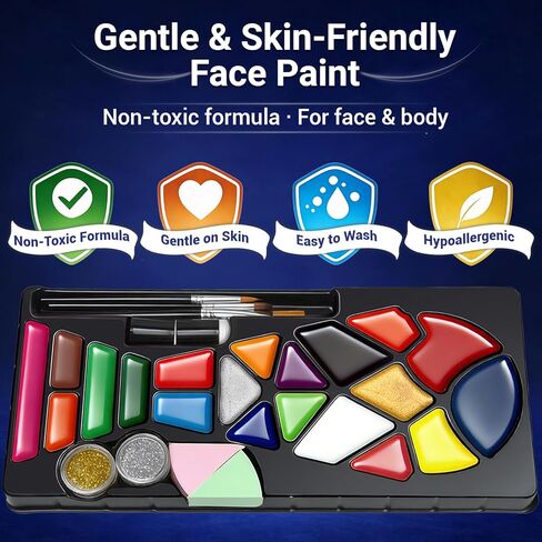 Face Paint Kit – 20 Colors Non-Toxic Water Activated Face Paint Palette with Stencils & Gems, Facepaint Set for Soccer Fans, Game Day Makeup for Matches, Tournaments, Fan Parties & Sports Celebration in Kuwait