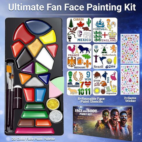 Face Paint Kit – 20 Colors Non-Toxic Water Activated Face Paint Palette with Stencils & Gems, Facepaint Set for Soccer Fans, Game Day Makeup for Matches, Tournaments, Fan Parties & Sports Celebration in Kuwait