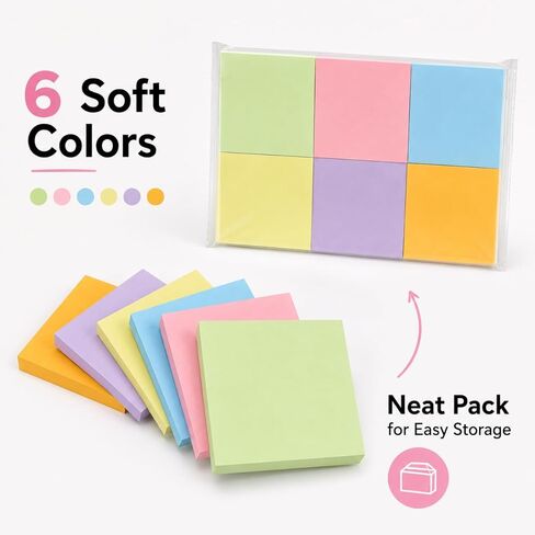 Sticky Notes for Office School Home, 6 Pads 100 Sheets Each, Super Sticky Bright Color Memo Pads, 3x3 Inches Easy Peel Self Stick Notes in Kuwait