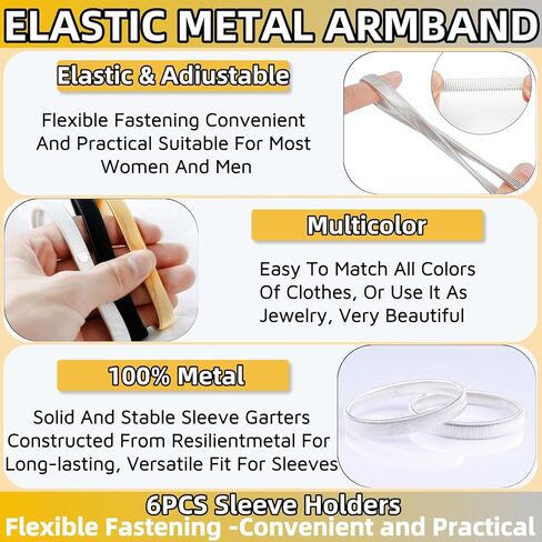 Sleeve Garters for Women Men 6-Pack Stretchy Metal Sleeve Holders Anti-Slip Arm Bands Elastic Arm Straps，Elastic Arm Straps Fixing Long Sleeves for Men Women Use(Gold, Silver, Black) in Kuwait
