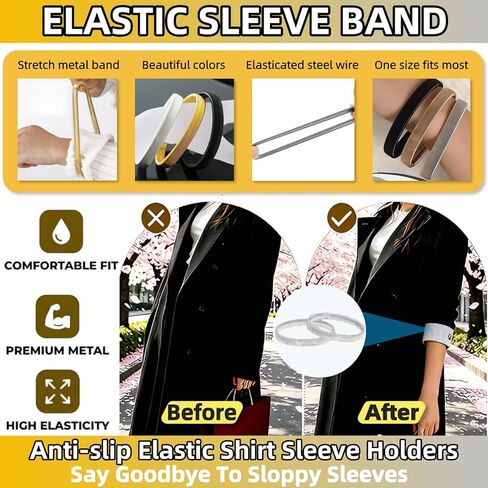 Sleeve Garters for Women Men 6-Pack Stretchy Metal Sleeve Holders Anti-Slip Arm Bands Elastic Arm Straps，Elastic Arm Straps Fixing Long Sleeves for Men Women Use(Gold, Silver, Black) in Kuwait