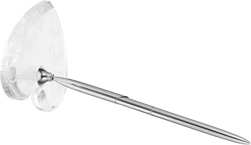 Wedding Signing Pen with Heart-shaped Acrylic Base, Silver Metal Ballpoint Guestbook Pen for Reception Desk, Engagement and Anniversary Signing Stationery in Kuwait