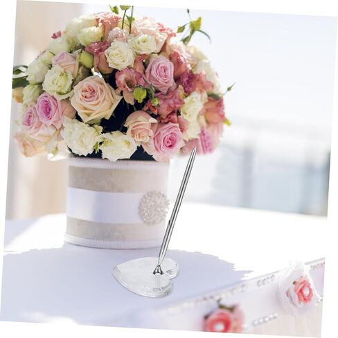 Wedding Signing Pen with Heart-shaped Acrylic Base, Silver Metal Ballpoint Guestbook Pen for Reception Desk, Engagement and Anniversary Signing Stationery in Kuwait