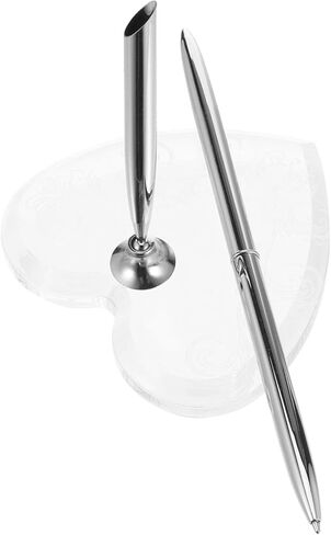 TEHAUX Wedding Guest Sign-in Pen with Heart-shaped Acrylic Base Silver Metal Ballpoint Pen for Bridal Reception Wedding Desk Holder for Engagement and Anniversary in Kuwait