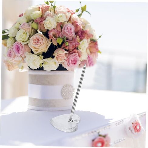 TEHAUX Wedding Guest Sign-in Pen with Heart-shaped Acrylic Base Silver Metal Ballpoint Pen for Bridal Reception Wedding Desk Holder for Engagement and Anniversary in Kuwait