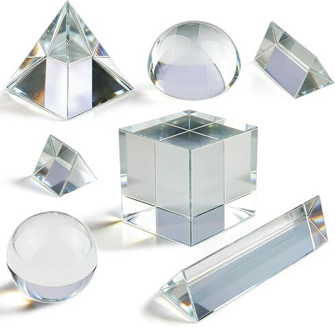 7 Pack K9 Optical Crystal Photography Prism Set, Include 1-4in Triangular Prism, 2in Crystal Glass Prism Cube, 2in Crystal Ball, 2in Dome Magnifier, Light Prism for Physics Teaching Photography Play in Kuwait