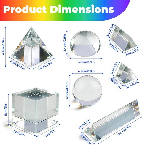 7 Pack K9 Optical Crystal Photography Prism Set, Include 1-4in Triangular Prism, 2in Crystal Glass Prism Cube, 2in Crystal Ball, 2in Dome Magnifier, Light Prism for Physics Teaching Photography Play in Kuwait