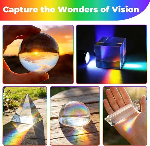 7 Pack K9 Optical Crystal Photography Prism Set, Include 1-4in Triangular Prism, 2in Crystal Glass Prism Cube, 2in Crystal Ball, 2in Dome Magnifier, Light Prism for Physics Teaching Photography Play in Kuwait