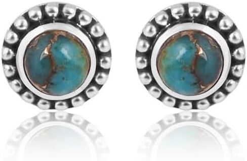 Genuine Turquoise Gemstone Stud Post Handmade Earrings, 925 Sterling Silver Stone Earring 6 MM Round Girls Women Gift in Saudi Arabia