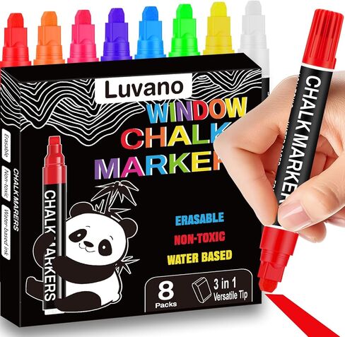 Window Chalk Markers for Glass Washable, 7mm 3-in-1 Jumbo Liquid Chalk Marker Thick Nib, Erasable Car Paint Pens for Auto Window, Mirror, Chalkboard, LED Board, Bistro & Poster Art - 8 Colors in Kuwait