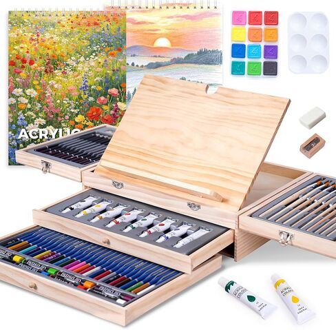 TMOL 85 Piece Deluxe Wooden Art Supplies, Art Kit with Easel, Sketching Pencils, Artist Brushes and Acrylic Pad, Art Set for Teens, Adults and Artist Beginners, Creative Gift with Wooden Case in Kuwait